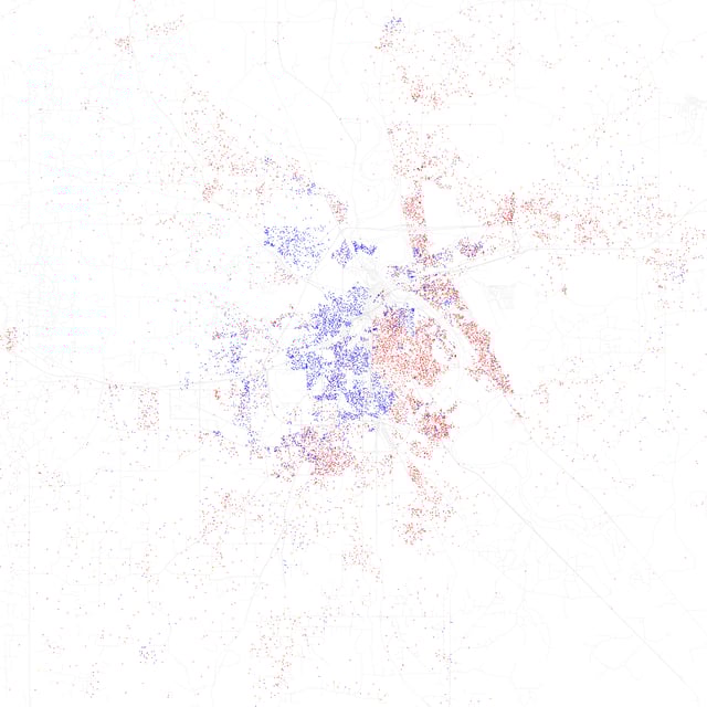 Map of racial distribution in Shreveport, 2010 U.S. Census. Each dot is 25 people: White, Black, Asian, Hispanic or other (yellow)