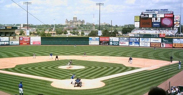 Sec Taylor Field at Principal Park, during a May 28, 2006, game against the Nashville Sounds. The Iowa Capitol is visible beyond the center-field wall.