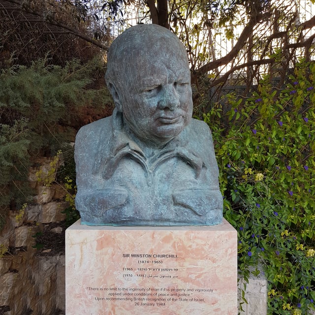 Bust of Churchill in Yael's Garden, Mishkanot Sha'ananim, Jerusalem. The bust was created by Oscar Nemon and inaugurated on 4 November 2012.