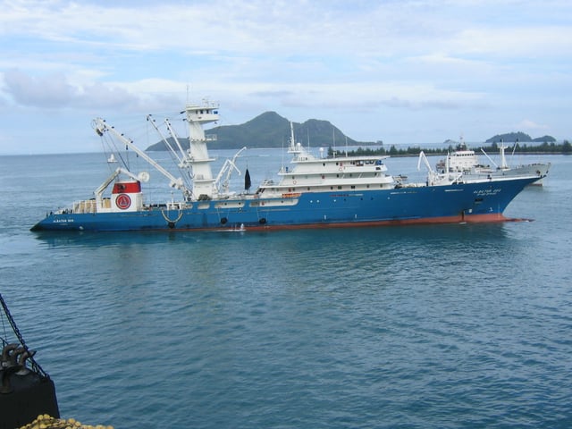 Modern Spanish tuna purse seiner in the Seychelles Islands.