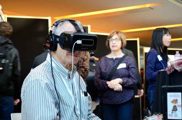 Oculus Rift DK2 worn at a research showcase (Leap Motion sensor attached to the front)
