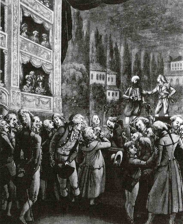 Mozart (at center) attended a performance of his own opera Die Entführung aus dem Serail while visiting Berlin in 1789. Franz Frankenberg performed the role of Osmin, Friedrich Ernst Wilhelm Greibe played Pedrillo.
