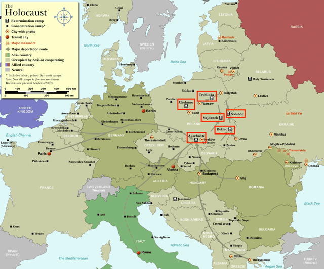 Concentration camps, extermination camps, and ghettos (2007 borders; extermination camps highlighted)