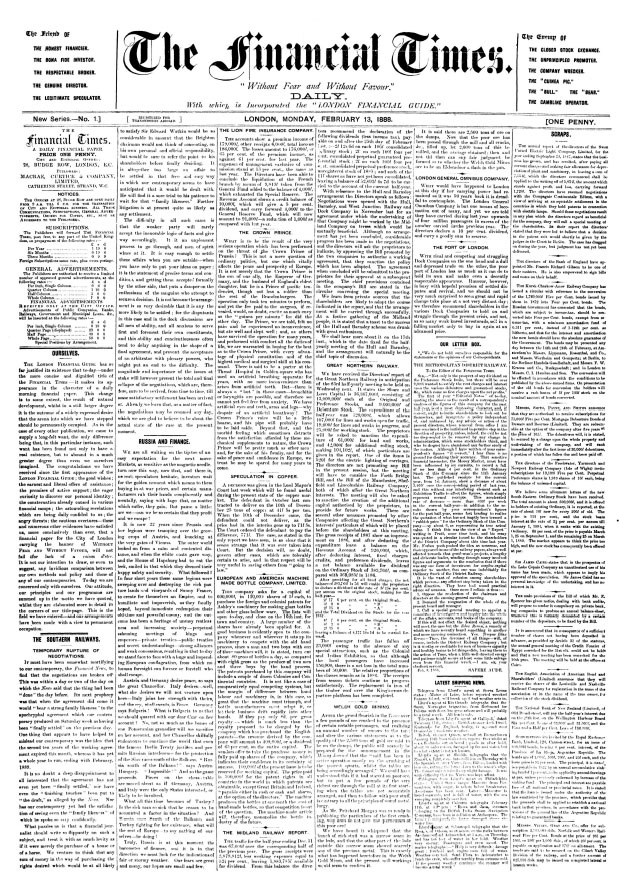 The front page of the Financial Times on 13 February 1888.
