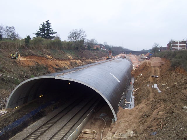 The Gerrards Cross tunnel in England, completed in 2010. View west towards the station in March 2005, showing the extent of construction three months before a small section collapsed