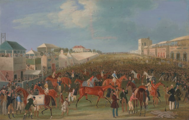 Epsom is famous for the Epsom Downs Racecourse which hosts the Epsom Derby; painting by James Pollard, c. 1835