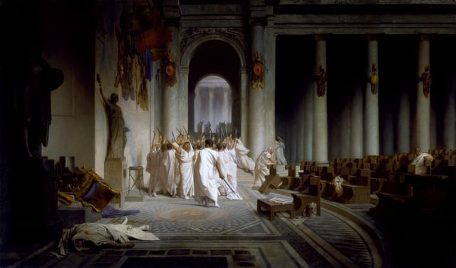 The Death of Caesar, by Jean-Léon Gérôme (1867). On 15 March 44 BC, Octavius' adoptive father Julius Caesar was assassinated by a conspiracy led by Marcus Junius Brutus and Gaius Cassius Longinus. Walters Art Museum, Baltimore.