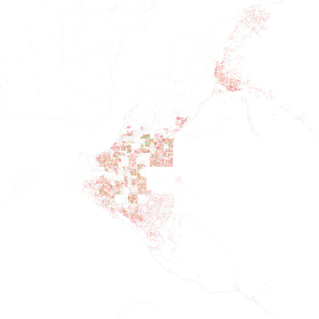 Map of racial distribution in Anchorage, 2010 U.S. Census. Each dot is 25 people: White, Black, Asian, Hispanic or Alaska Native and Other (yellow)