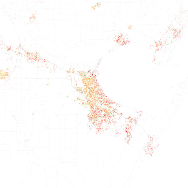 Map of racial distribution in  Corpus Christi, 2010 U.S. Census. Each dot is 25 people: White, Black, Asian, Hispanic or Other (yellow)