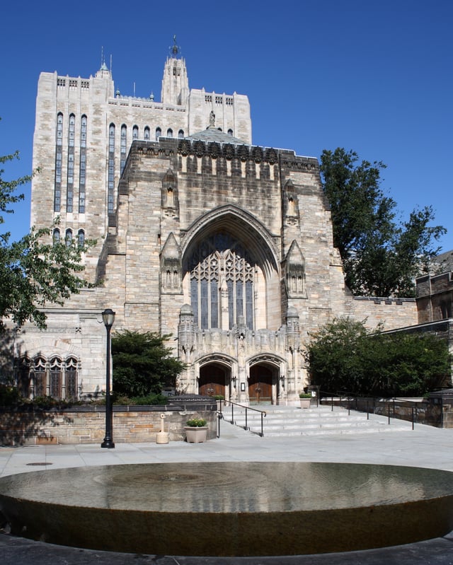 Yale University's Sterling Memorial Library, as seen from Maya Lin's sculpture, Women's Table. The sculpture records the number of women enrolled at Yale over its history; female undergraduates were not admitted until 1969.