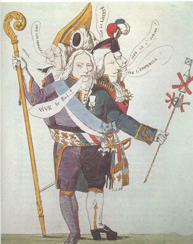 An 1815 caricature of Talleyrand - L'Homme aux six têtes (The man with six heads), referring to his prominent role in six different regimes
