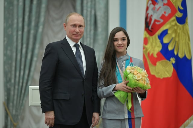 Vladimir Putin, the President of Russia, awards Medvedeva the Order of Friendship in 2018.