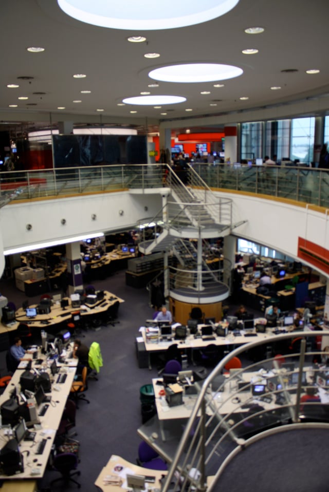 The combined newsroom for domestic television and radio was opened at Television Centre in West London in 1998.
