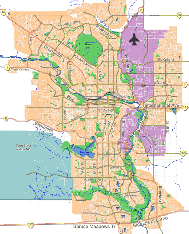 Map of Calgary: Purple indicates industrial zones