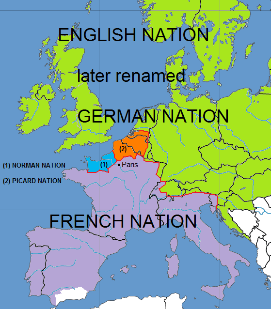 Map showing the territories covered by the four nations of the University of Paris during the Middle Ages.