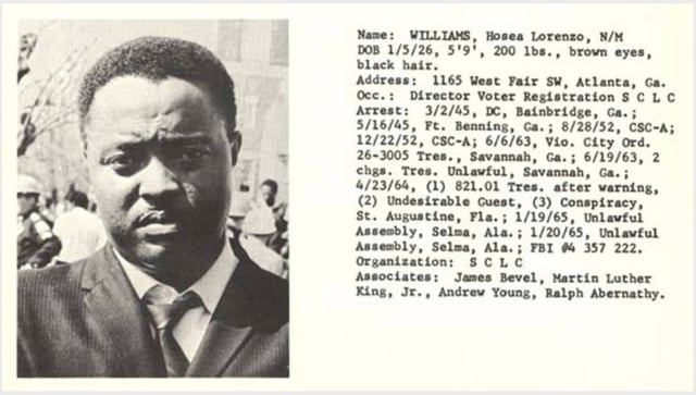 Hosea Williams, image and text from recognition documents distributed by the Alabama Dept. of Public Safety in the mid–1960s.