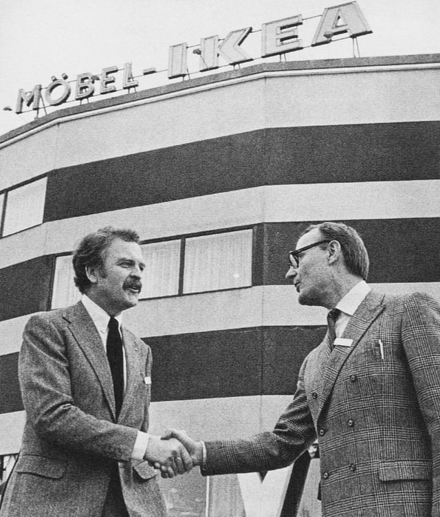 IKEA founder Ingvar Kamprad (right) shakes hands with Hans Ax, IKEA's first store manager in 1965
