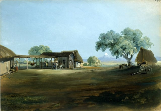 Santa Anna's first and favorite hacienda Manga de Clavo, which his first wife's dowry enabled him to purchase. Painting by Johann Moritz Rugendas. Kuperferstichkabinett, Staatliche Museen zu Berlin, Id. Number: VIII E. 2440, 1831–1834.