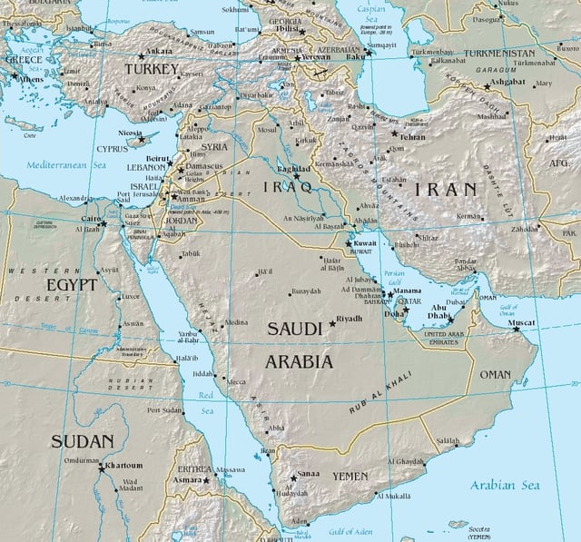 Map of the Middle East between Africa, Europe, and Central Asia.