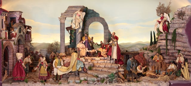 A typical Neapolitan presepe or presepio, or Nativity scene. Local crèches are renowned for their ornate decorations and symbolic figurines, often mirroring daily life.