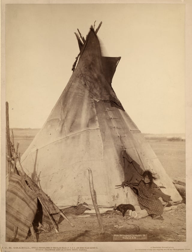 Young Oglala Lakota girl in front of tipi with puppy beside her, probably on or near Pine Ridge Indian Reservation, South Dakota