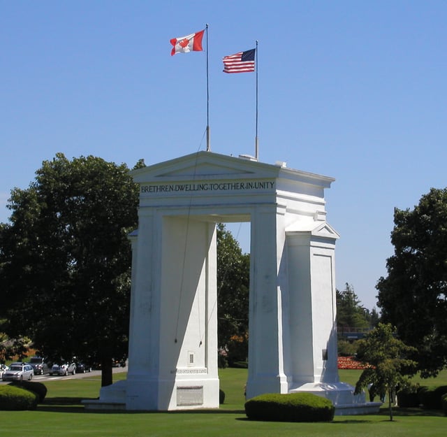 The Peace Arch monument on the Canadian border, marking where I-5 continues north as British Columbia Highway 99.