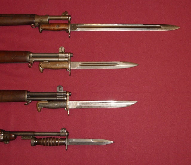US military bayonets; from the top down, they are the M1905, the M1, M1905E1 Bowie Point Bayonet (a cut down version of the M1905), and the M4 Bayonet for the M1 Carbine.