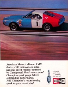 AMX "shatters" speed records in an advertisement for Champion spark plugs