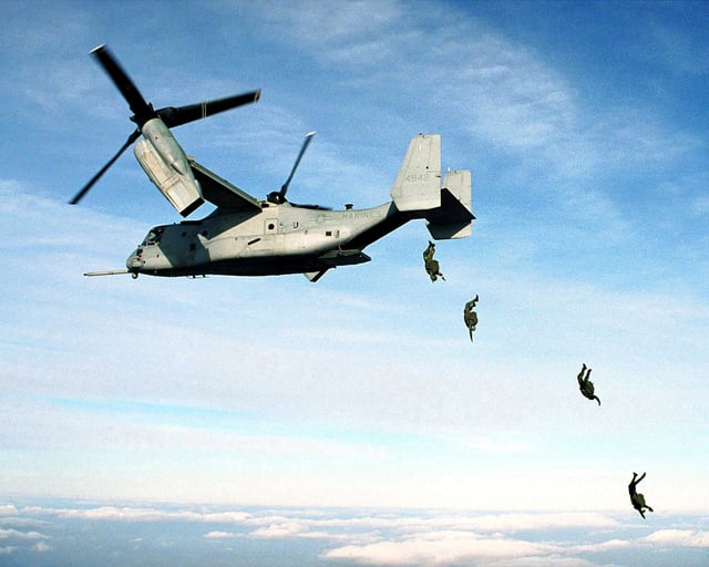 Marine parachutists jumping from an MV-22 Osprey at 10,000 feet