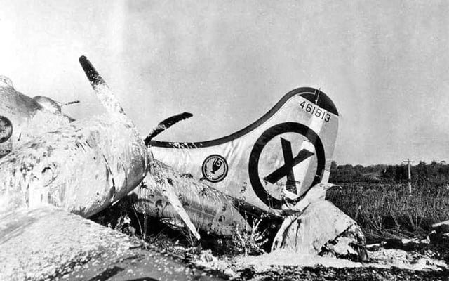 A photo-reconnaissance B-29 that crashed on final approach to Iruma Air Base, Japan, after an attack by MiG-15 pilot Major Bordun over the Yalu River. Five crew died. The tail gunner claimed to have shot down a MiG, but both attacking MiGs returned to base (9 November 1950)
