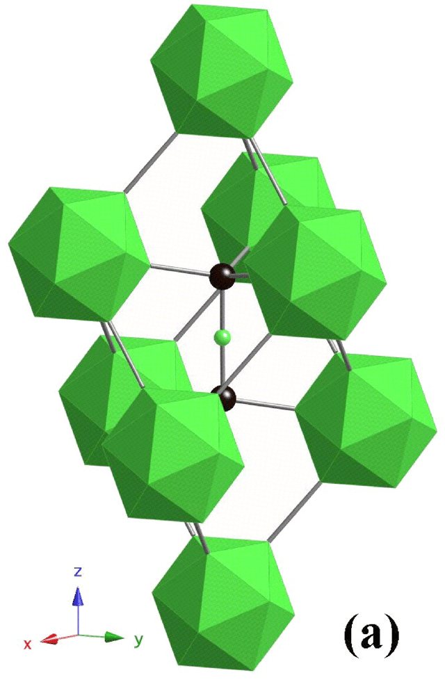 Unit cell of B4C. The green sphere and icosahedra consist of boron atoms, and black spheres are carbon atoms.