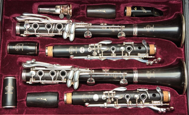A pair of Boehm system soprano clarinets—one in B♭ and one in A.