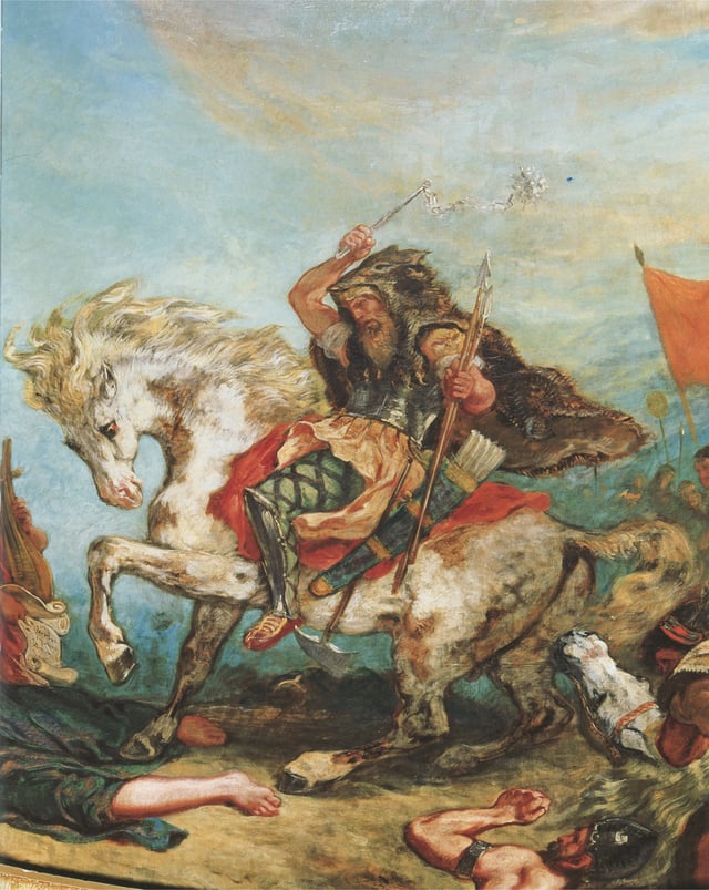 A painting of Attila riding a pale horse, by French Romantic artist Eugène Delacroix (1798–1863)