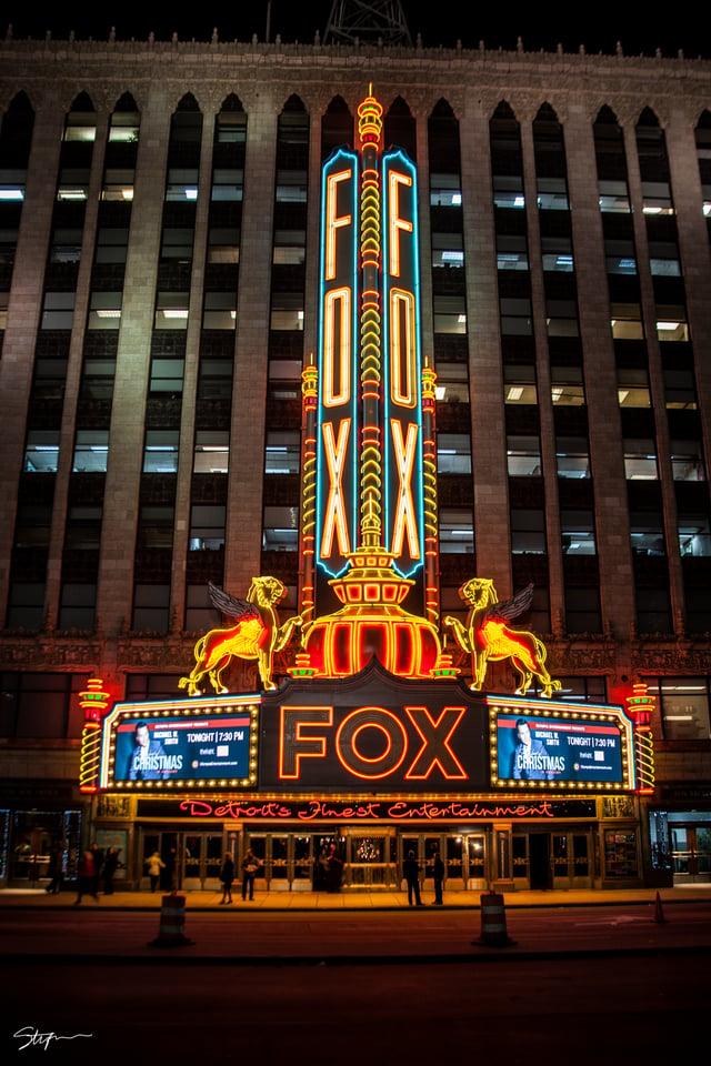 Fox Theatre at night with new LED lights in Downtown Detroit