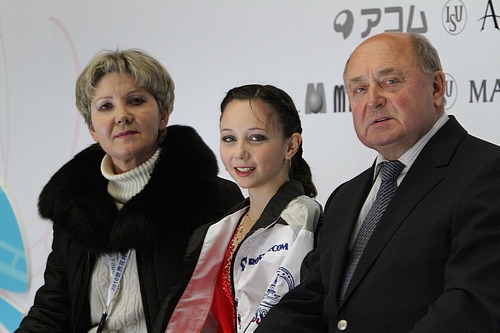 Tuktamysheva with her coaches, Svetlana Veretennikova and Alexei Mishin