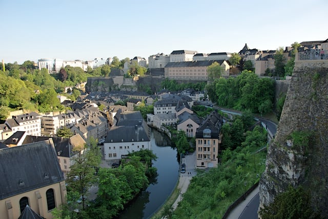 View of the Grund along Alzette river in the historical heart of Luxembourg City.