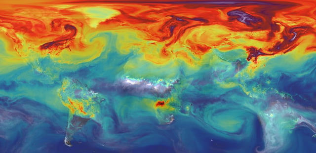 CO2 in Earth's atmosphere if half of global-warming emissions are not absorbed.(NASA computer simulation).
