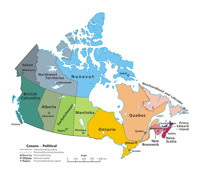 A political map of Canada showing its 10 provinces and 3 territories