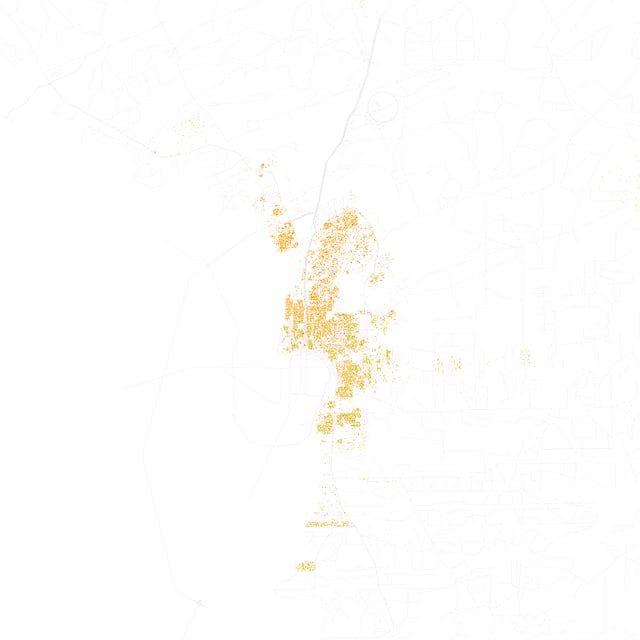 Map of racial distribution in Laredo, 2010 U.S. Census. Each dot is 25 people: White, Black, Asian, Hispanic or Other (yellow)