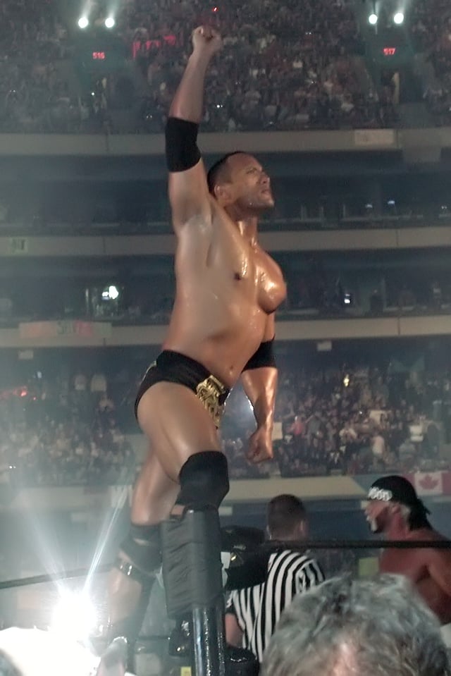 The Rock doing his signature pose before his match with "Hollywood" Hulk Hogan (bottom right) at WrestleMania X8