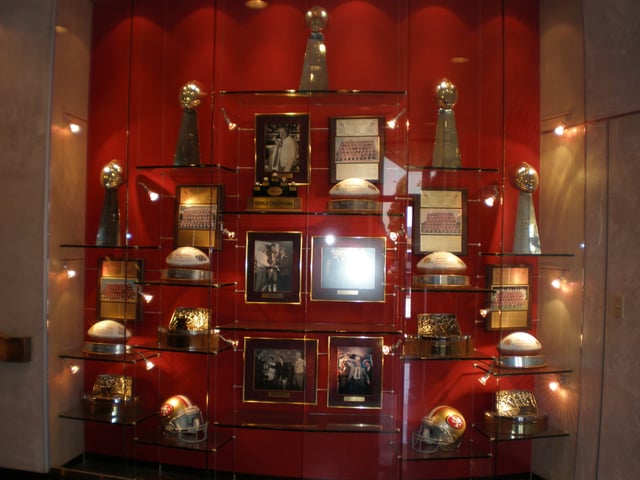 49ers wall of trophies at the Marie P. DeBartolo Sports Center