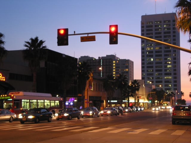 Wilshire Boulevard in downtown Santa Monica at twilight.