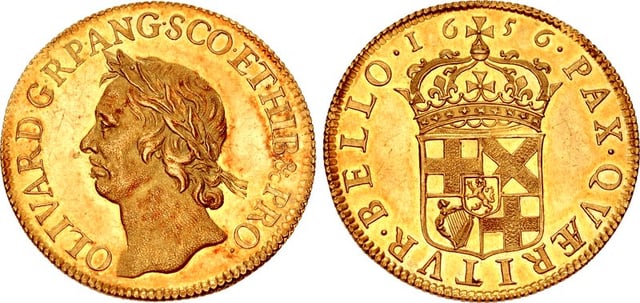 Broad of Oliver Cromwell, dated 1656; on the obverse the Latin inscription OLIVAR D G RP ANG SCO ET HIB &c PRO, translated as "Oliver, by the Grace of God of the Republic of England, Scotland and Ireland etc. Protector".