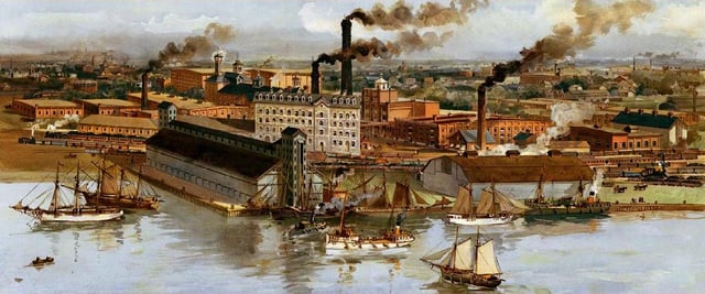 The Gooderham and Worts buildings c. 19th century. The distillery became the world's largest whiskey factory by the 1860s.