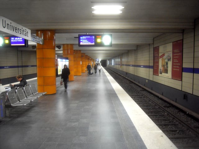 Subway station Universität serves LMU's main campus via lines U3/U6