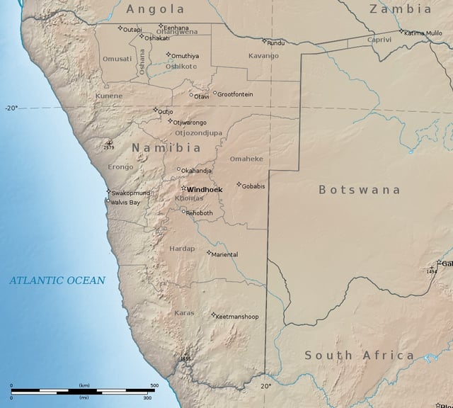 Shaded relief map of Namibia