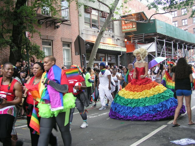 The scene at Manhattan's 2015 LGBT Pride March. The annual event rivals the sister São Paulo event as the world's largest pride parade, attracting tens of thousands of participants and millions of sidewalk spectators each June.