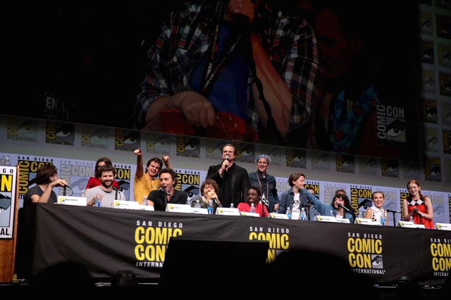 The Duffer Brothers, Shawn Levy and the main cast of season 2 of Stranger Things at the 2017 San Diego Comic-Con International