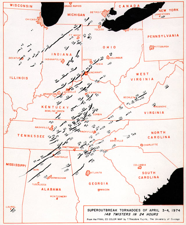 A map of the tornado paths in the Super Outbreak (April 3–4, 1974)