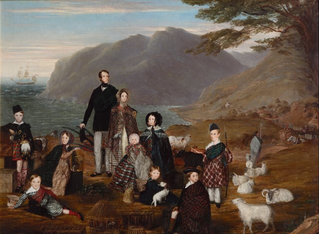 The Emigrants, painting from 1844. This depicts a Highland Scots family in Gaelic dress migrating to New Zealand.